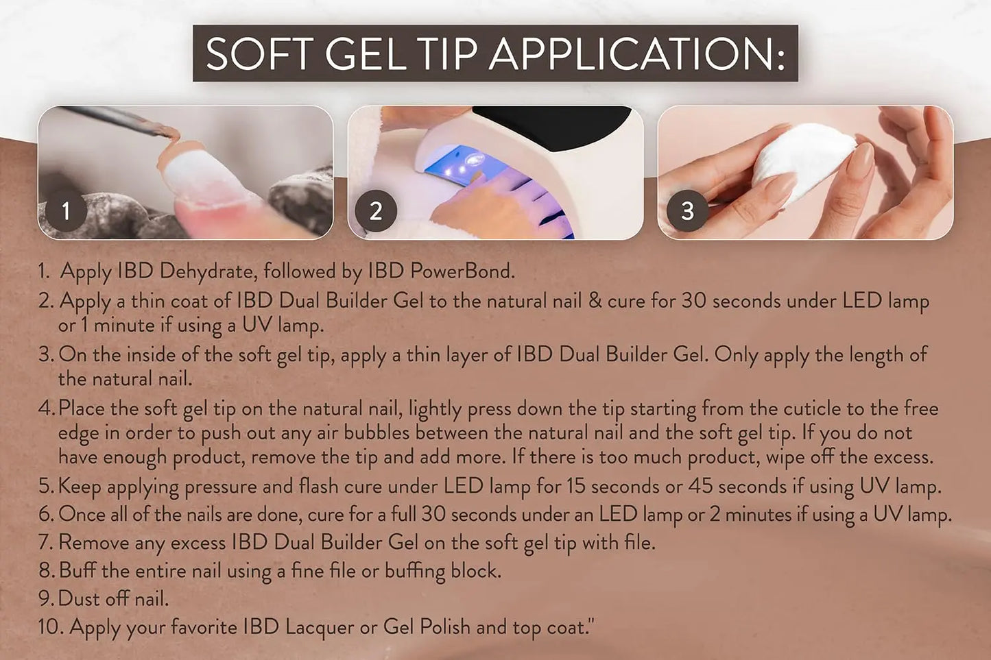 Infographic showing preparation steps for IBD Dual Builder Gel Barely Nude including cuticle removal and natural nail surface prep