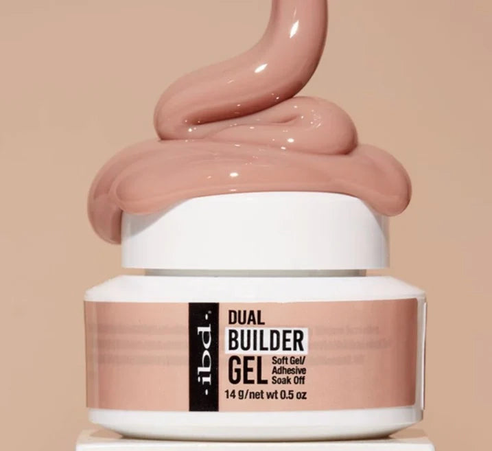 IBD Dual Builder Gel Cool Nude jar with builder gel swatch on top showing soft gel texture and colour