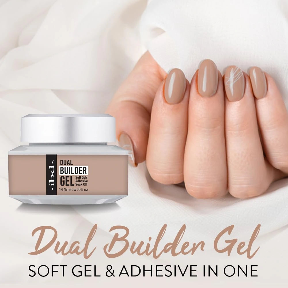 infographic showing IBD Dual Builder Gel key features including soft gel adhesive soak-off formula and UV LED cure
