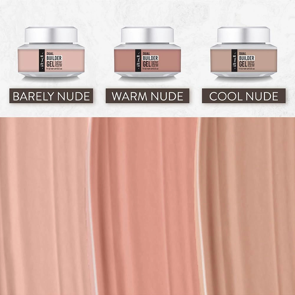 Three jars of ibd builder gel polish product labeled 'Barely Nude', 'Warm Nude', and 'Cool Nude' with corresponding color swatches.