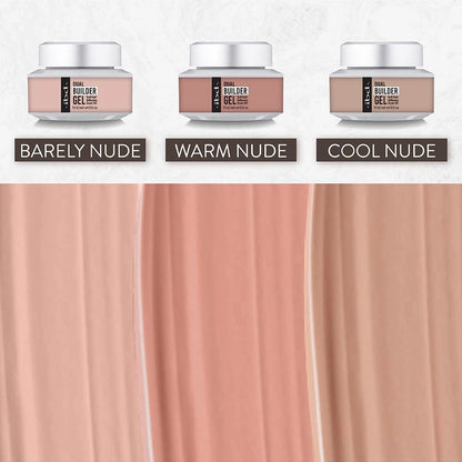 Three jars of ibd builder gel polish product labeled 'Barely Nude', 'Warm Nude', and 'Cool Nude' with corresponding color swatches.