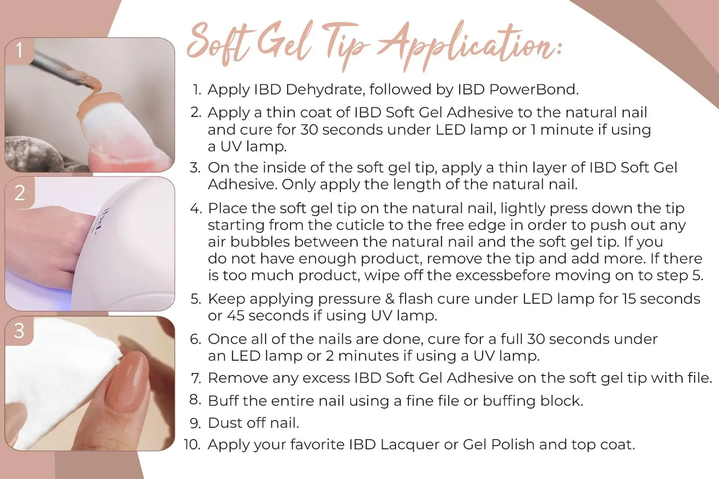 Step by step application infographic for IBD Dual Builder Gel Warm Nude showing soft gel tip placement cure times and finishing steps