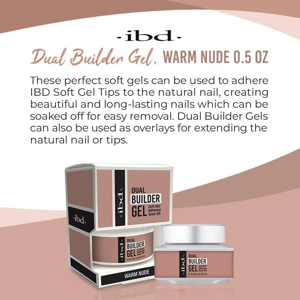 Infographic showing IBD Dual Builder Gel Warm Nude key features including soft gel adhesive soak-off formula and UV LED cure