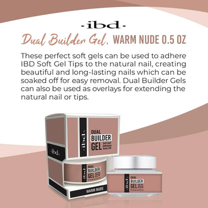 Infographic showing IBD Dual Builder Gel Warm Nude key features including soft gel adhesive soak-off formula and UV LED cure