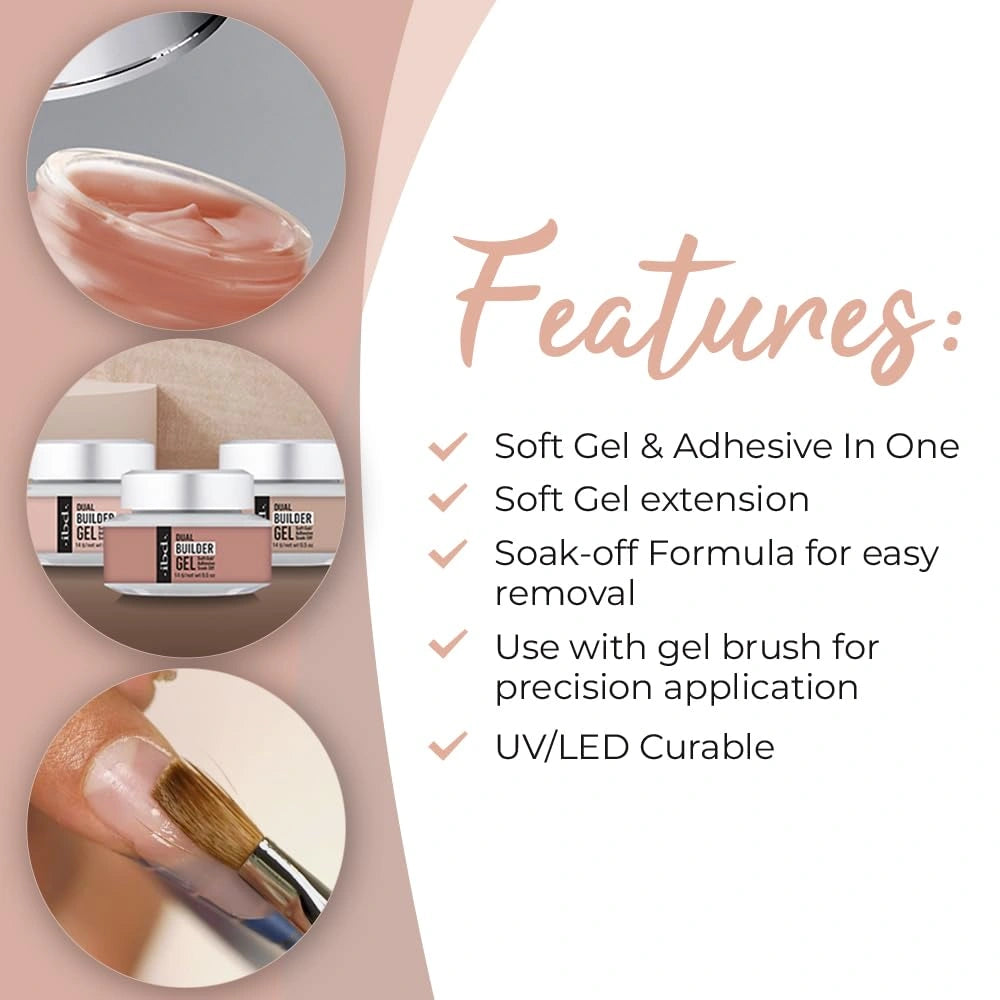 IBD Dual Builder Gel Warm Nude jar with builder gel swatch on top showing soft gel texture and warm beige colour
