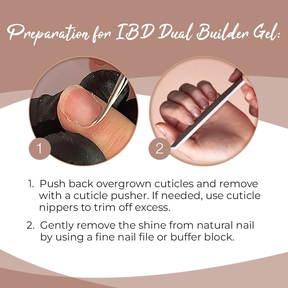 infographic showing preparation steps for IBD Dual Builder Gel Warm Nude including cuticle removal and natural nail surface prep
