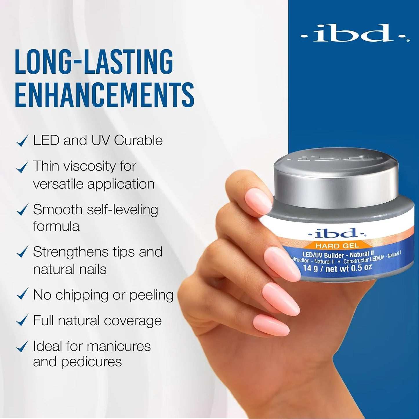 Hand holding a jar of IBD hard gel clear 2oz gel from CM Nails Supply Canada with product features listed on a blue and white background