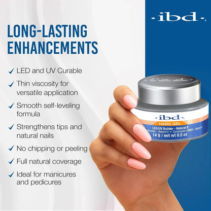 Hand holding a jar of IBD hard gel clear 2oz gel from CM Nails Supply Canada with product features listed on a blue and white background