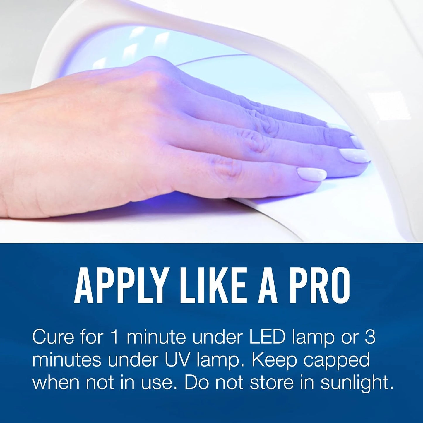 Hand applying IBD LED UV builder gel clear 0.5oz for sculpting and tip overlays under a UV light with text on how to use it.