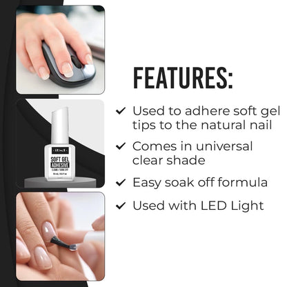 Soft gel adhesive bonding system for soft gel tips Canada salon use