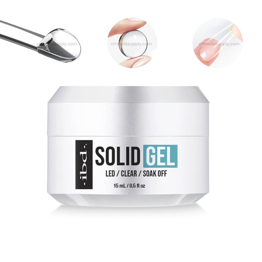 Jar of IBD Solid Gel with applicator and close-up of gel on nails on a white background 