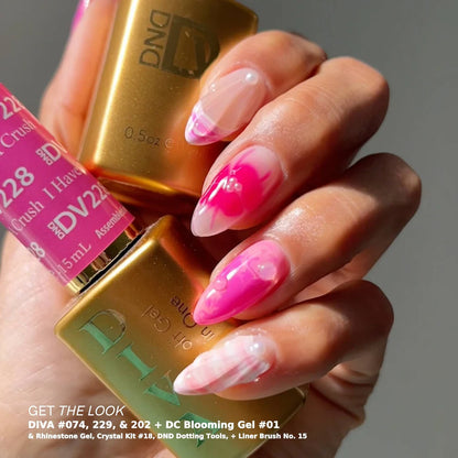 Professional DIVA Juicy Cowgirl #229 gel and nail polish duo system for salon use and retail, manicure hand holding bottle
