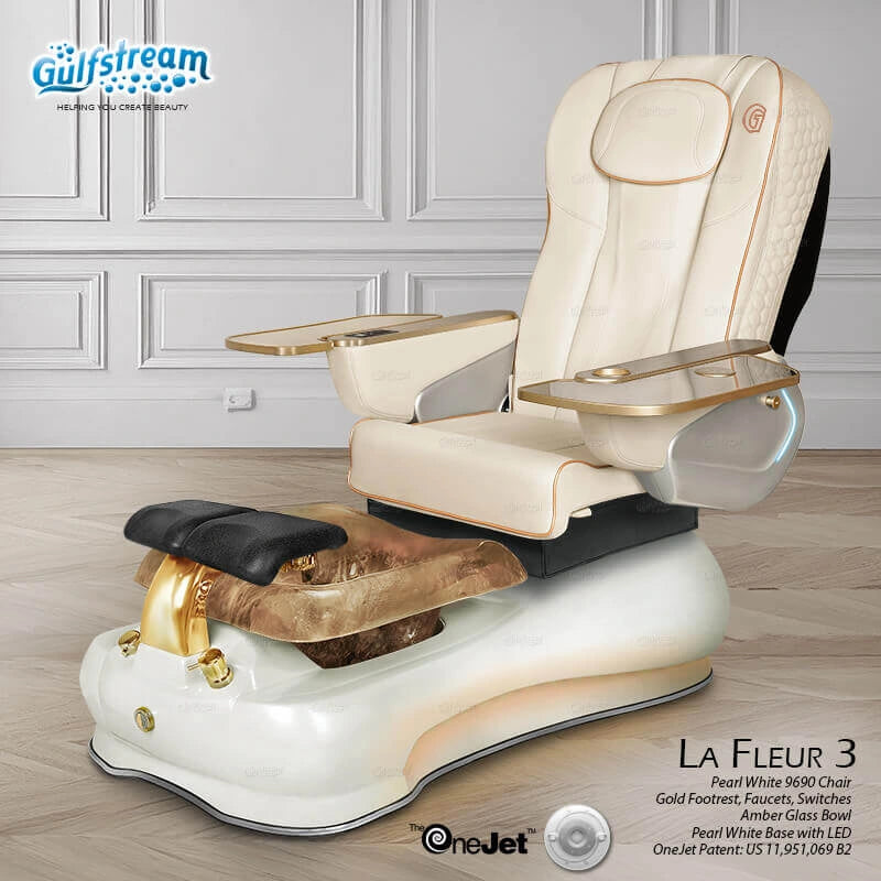 Beige leather pedicure spa chair La Fleur 3 Gulfstream with massage and LED lighting for salon