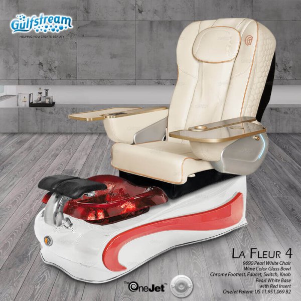 White beige leather spa chair for salon La Fleur 4 Gulfstream with red glass pedicure bowl