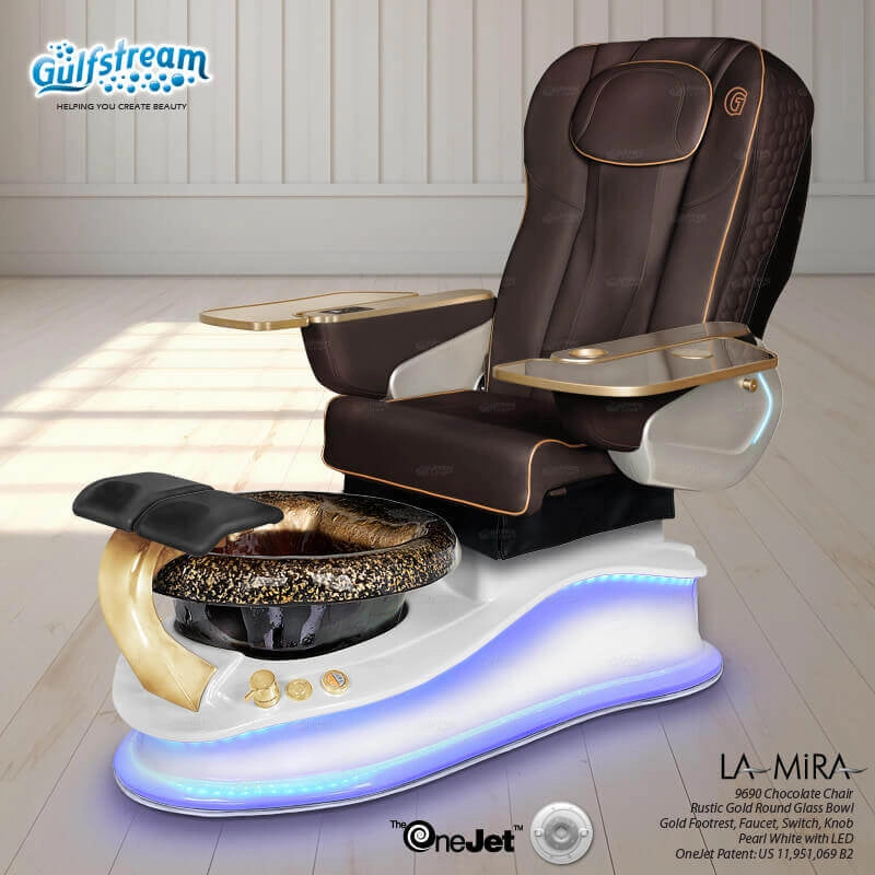 La Mira Pedicure Spa Chair brown leather with blue LED illuminated base