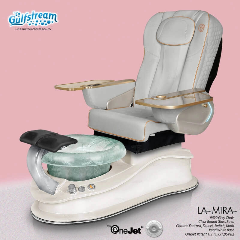 La Mira Pedicure Spa Chair gray leather with handcrafted glass spa bowl