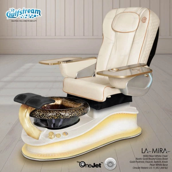 La Mira Pedicure Spa Chair white leather with yellow LED spa base lighting
