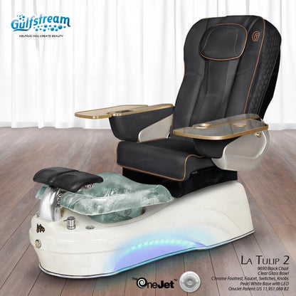 Black leather spa chair for salon with white pedicure tub La Tulip 2 Gulfstream