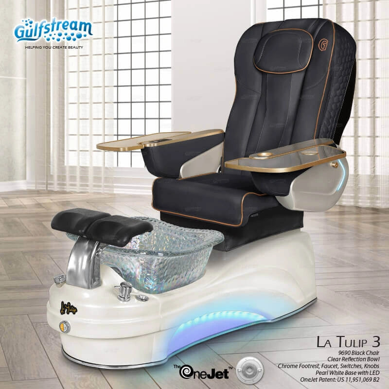 Black leather spa chair for salon with white pedicure tub La Tulip 3 Gulfstream