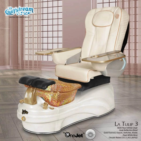 White leather pedicure spa chair La Tulip 3 Gulfstream with massage and modern LED base
