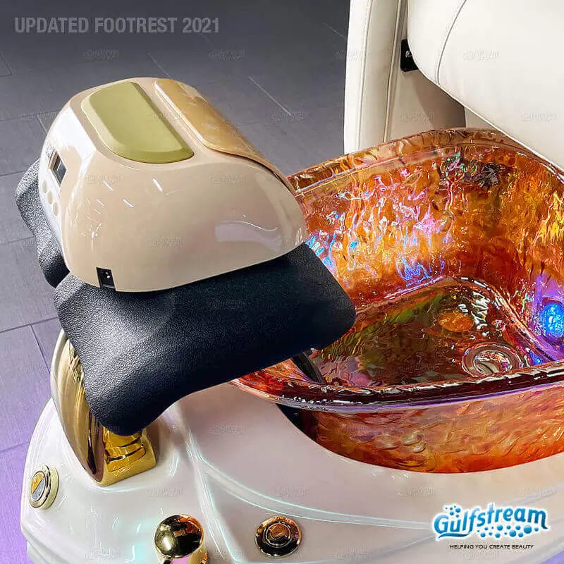Alternative angle of UV lamp on footrest of Gulfstream spa chair for salon use