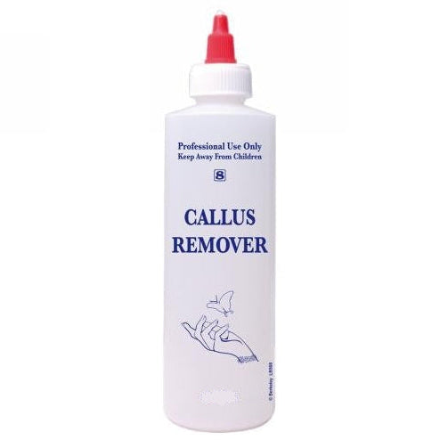 Labelled callus remover bottle with secure cap in 8 oz or 16 oz
