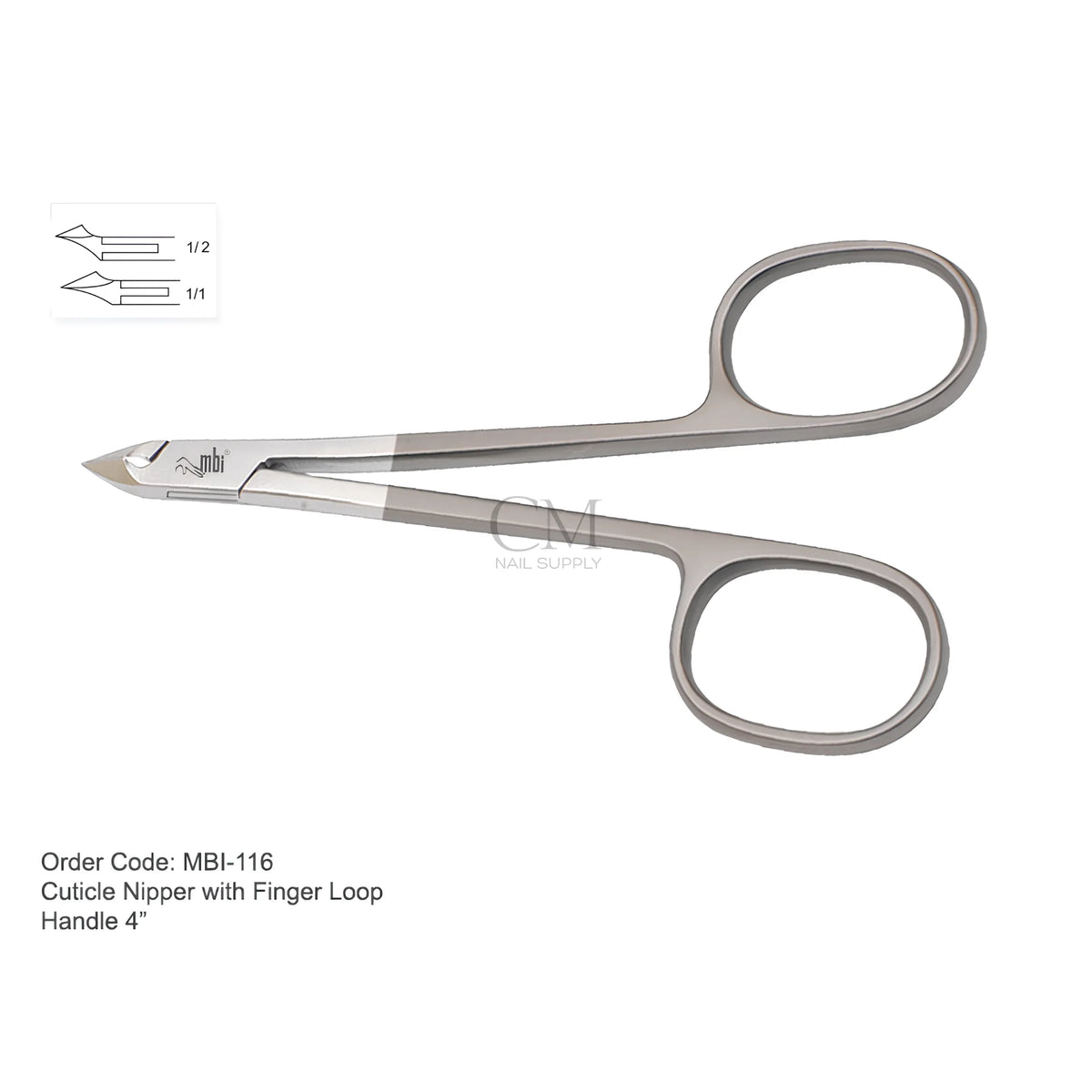 MBI 116 cuticle nipper with a 4 inch half jaw and finger loop handle

