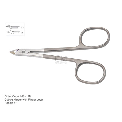 MBI 116 cuticle nipper with a 4 inch half jaw and finger loop handle
