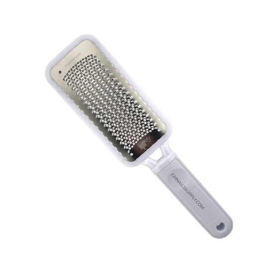 Stainless steel heel scrubber with ergonomic plastic handle for Canadian salons.