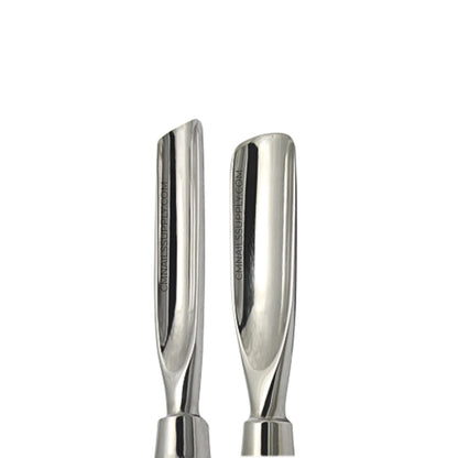 Dual ended stainless steel nail edge cleaner for professional manicure services.