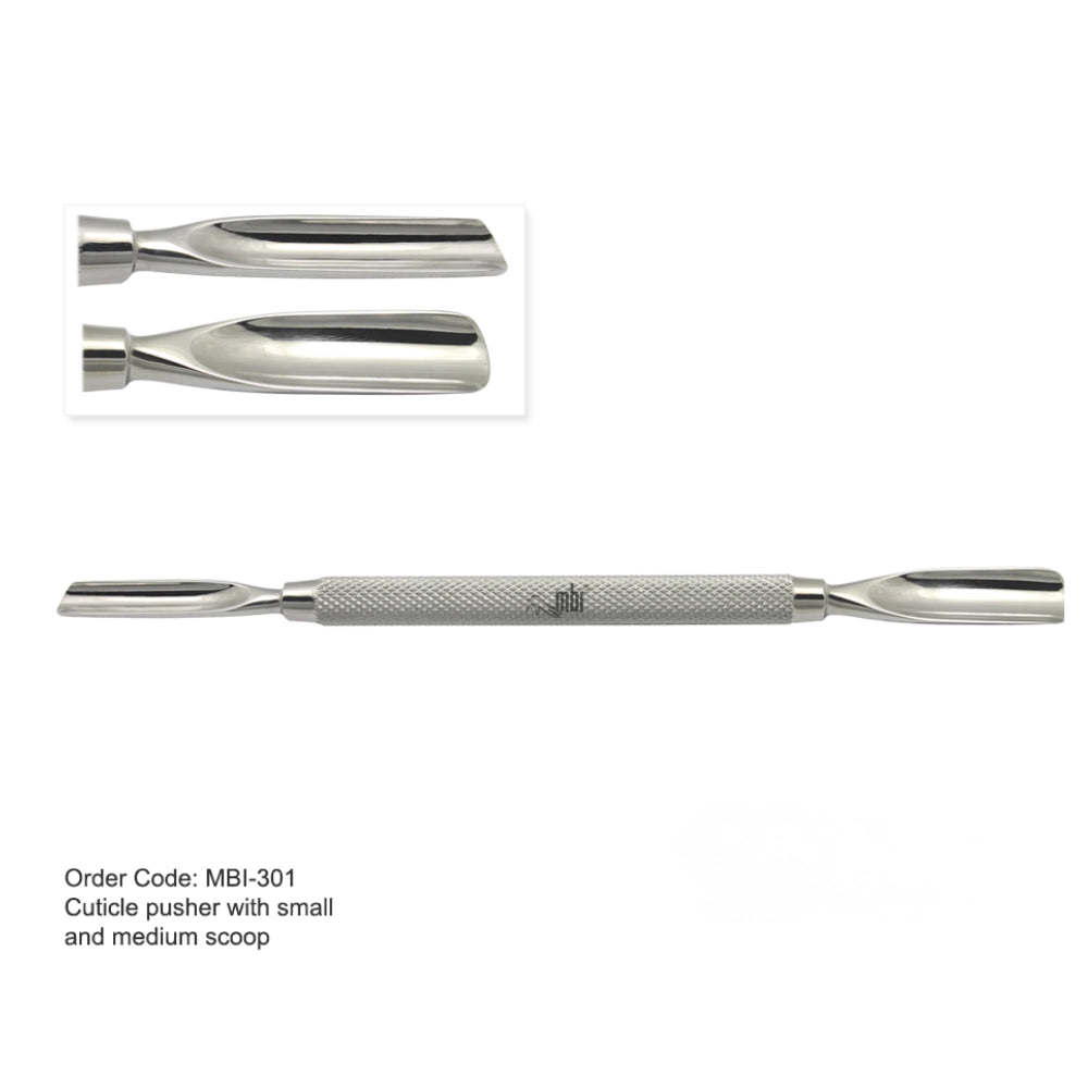 MBI-301 professional cuticle pusher using the small scoop for detailed corner cleaning