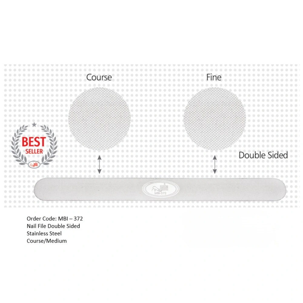 Dual sided metal fingernail file for shaping and finishing natural nails in salons.