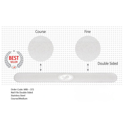 Dual sided metal fingernail file for shaping and finishing natural nails in salons.
