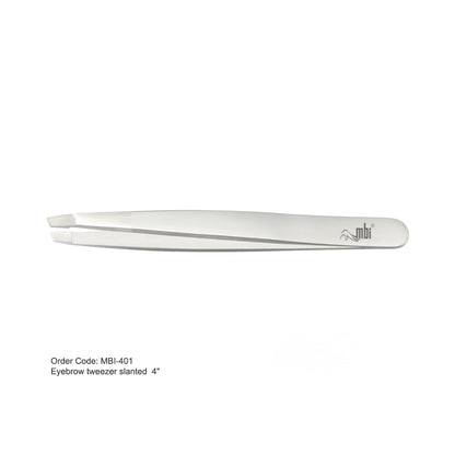 Slanted eyebrow tweezers on a white background with brand logo.