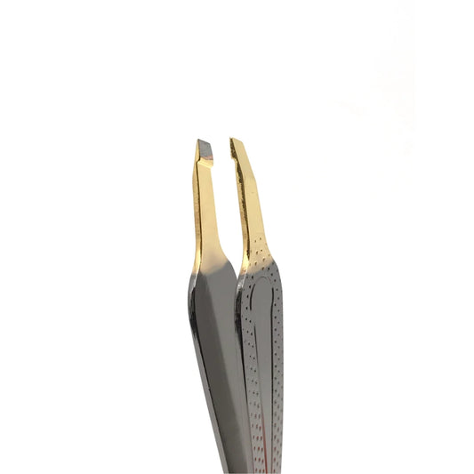 Slanted gold tip eyebrow tweezer for precise hair removal available online in Canada.