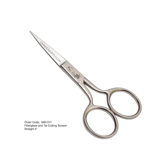 MBI-518 fiberglass and tip cutting scissor in 4 inch size for professional nail work.