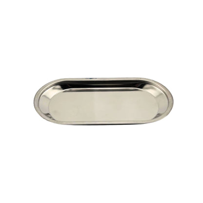 stainless steel oval bowl with rounded edges for easy cleaning.