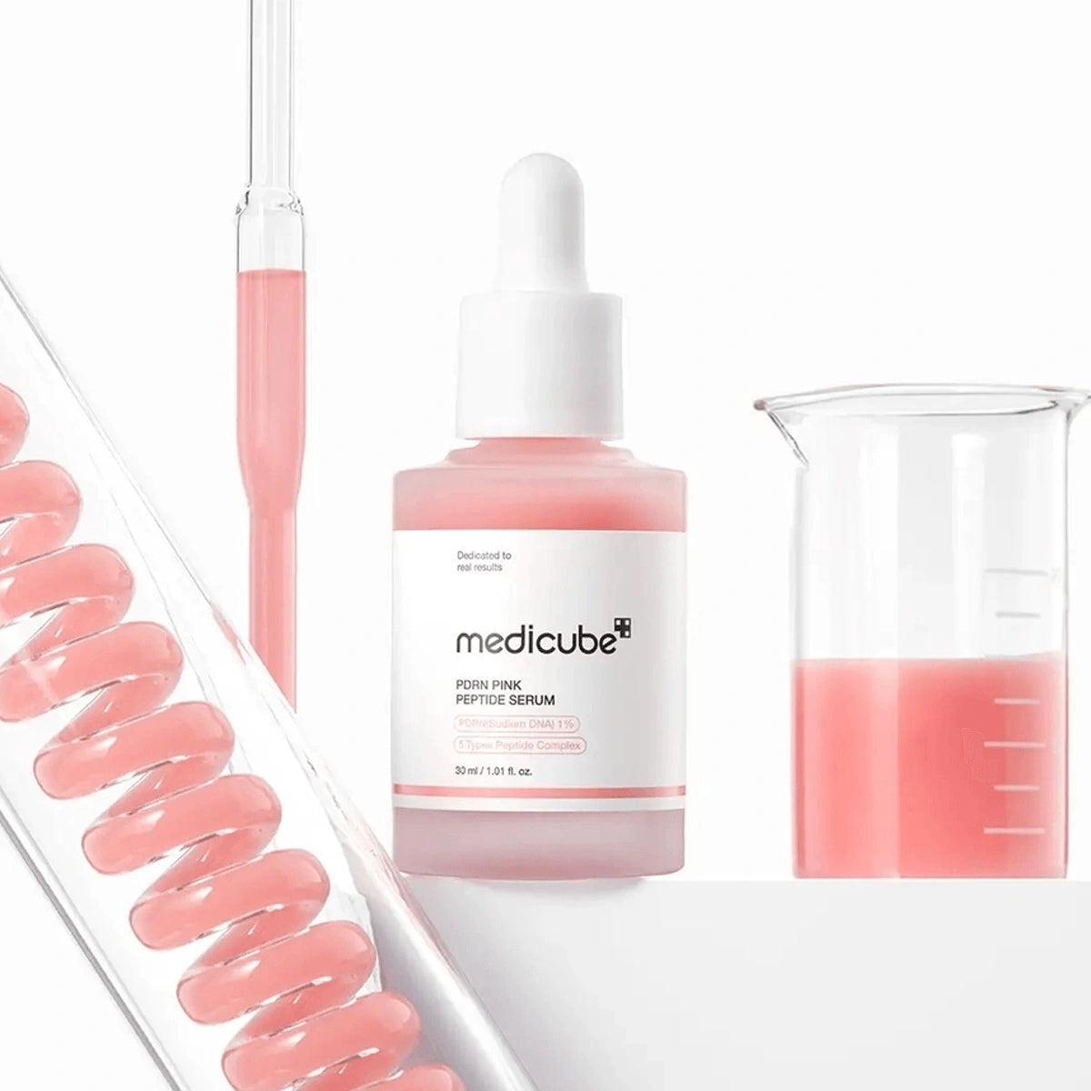 Alternate angled view of the MEDICUBE Collagen PDRN Pink Peptide Serum bottle