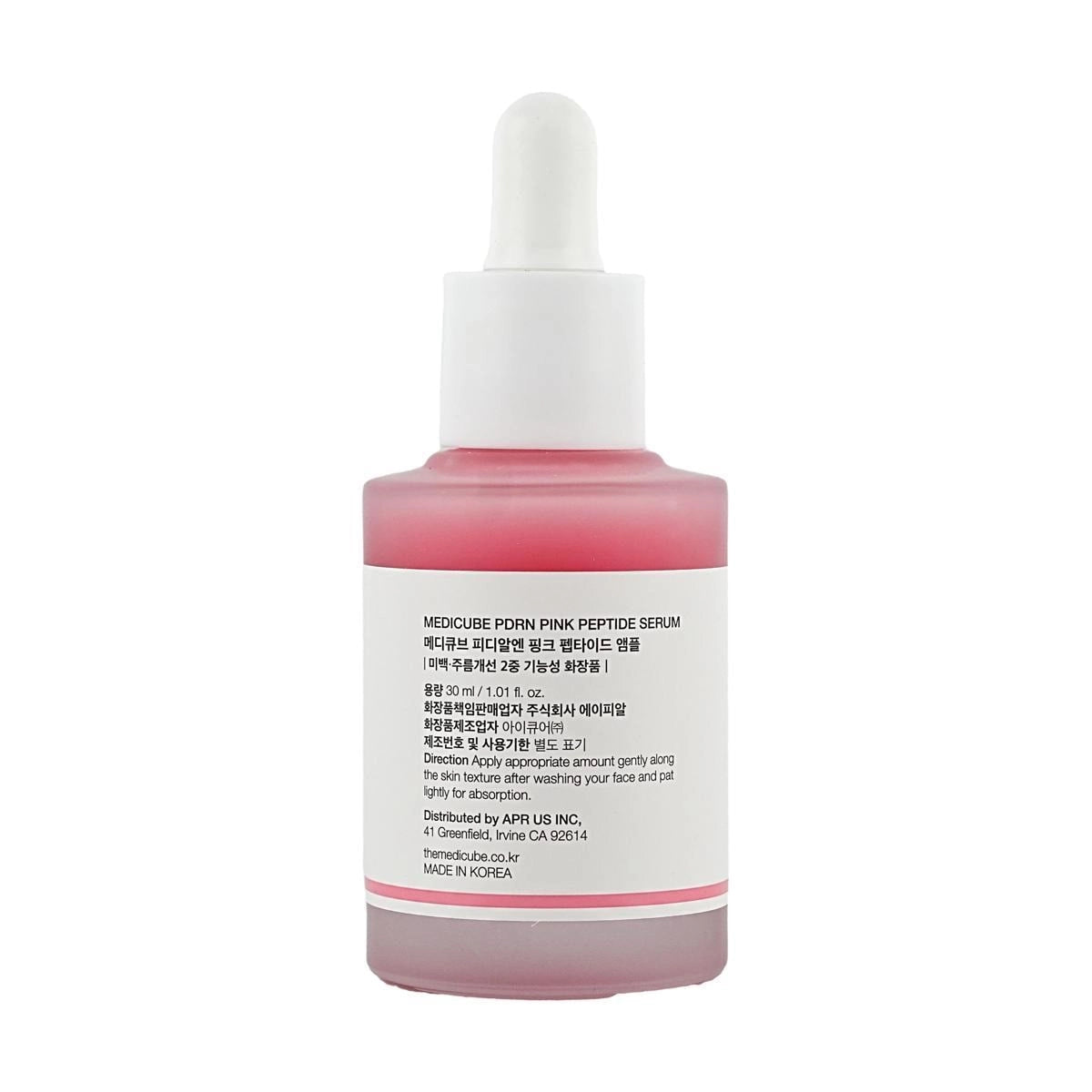Back of the MEDICUBE Collagen PDRN Pink Peptide Serum bottle showing the made in Korea label