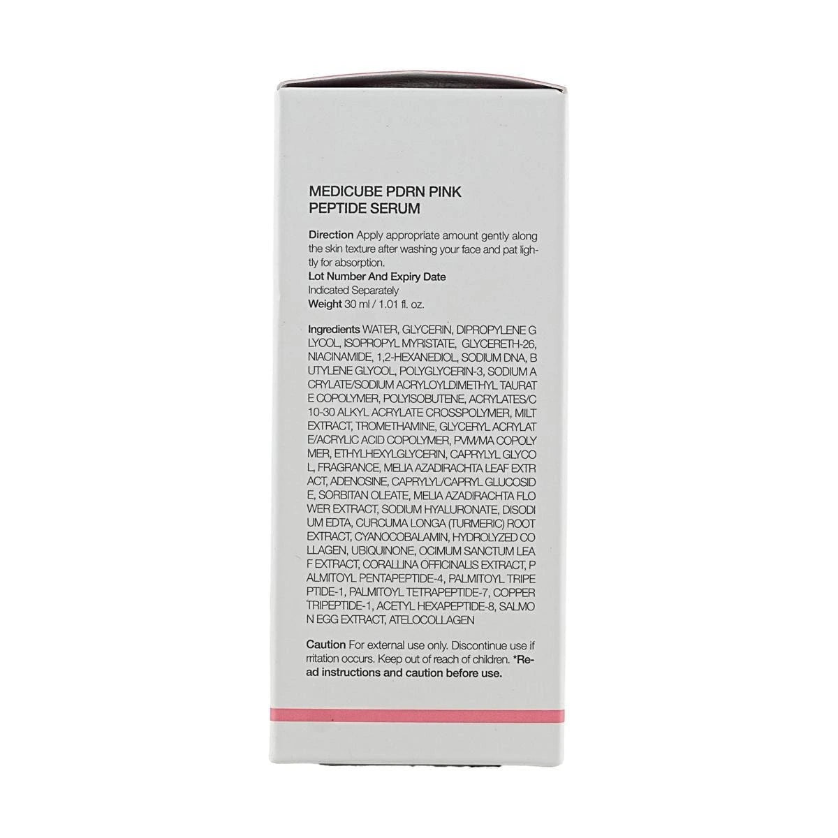Back of the MEDICUBE Collagen PDRN Pink Peptide Serum box showing the ingredient list