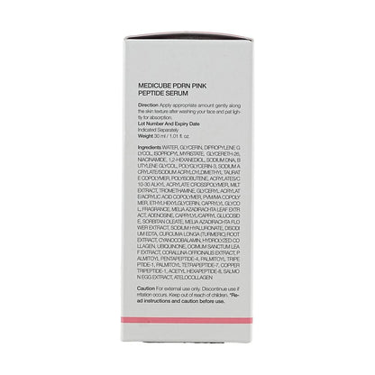Back of the MEDICUBE Collagen PDRN Pink Peptide Serum box showing the ingredient list