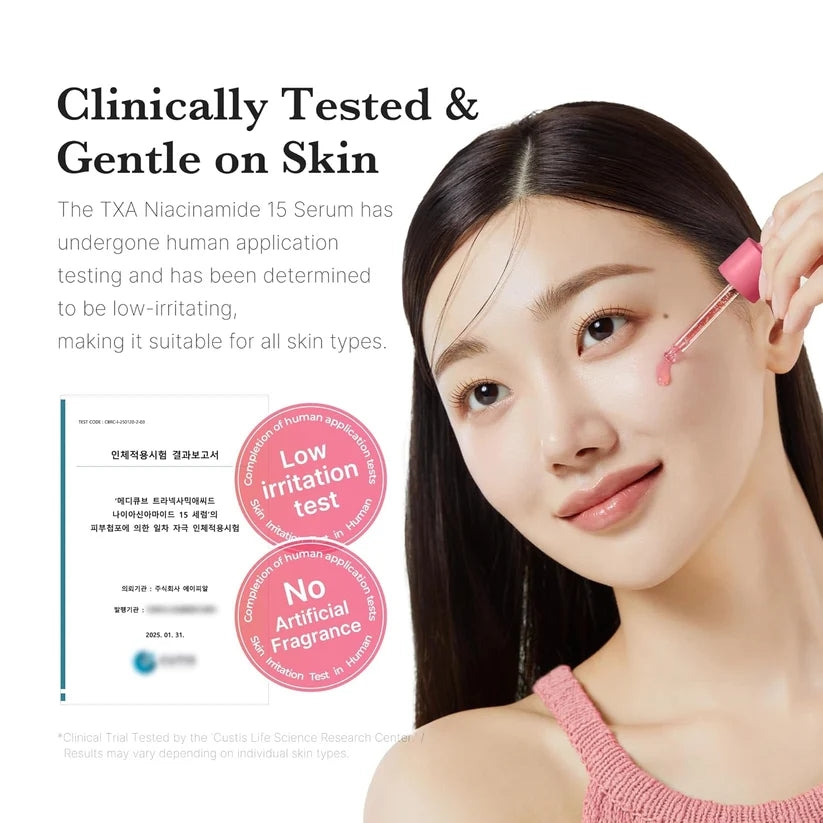 Woman applying Medicube TXA Niacinamide 15 Serum, labelled as clinically tested