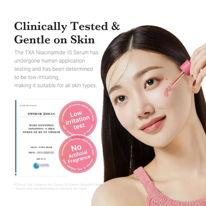 Woman applying Medicube TXA Niacinamide 15 Serum, labelled as clinically tested