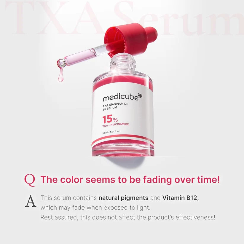 Product image showcasing Medicube TXA Niacinamide 15 Serum with natural pigments and vitamin B12