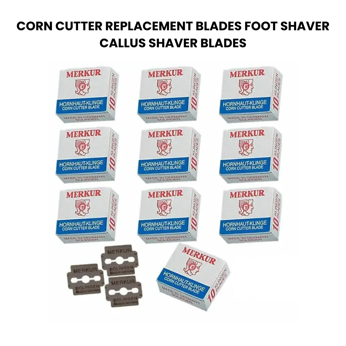 Ten boxes of Merkur corn cutter replacement blades and foot shaver blades are arranged on a white background, with four metal blades shown below the boxes. The text at the top reads 'CORN CUTTER REPLACEMENT BLADES FOOT SHAVER BLADES'.