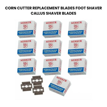 Ten boxes of Merkur corn cutter replacement blades and foot shaver blades are arranged on a white background, with four metal blades shown below the boxes. The text at the top reads 'CORN CUTTER REPLACEMENT BLADES FOOT SHAVER BLADES'.