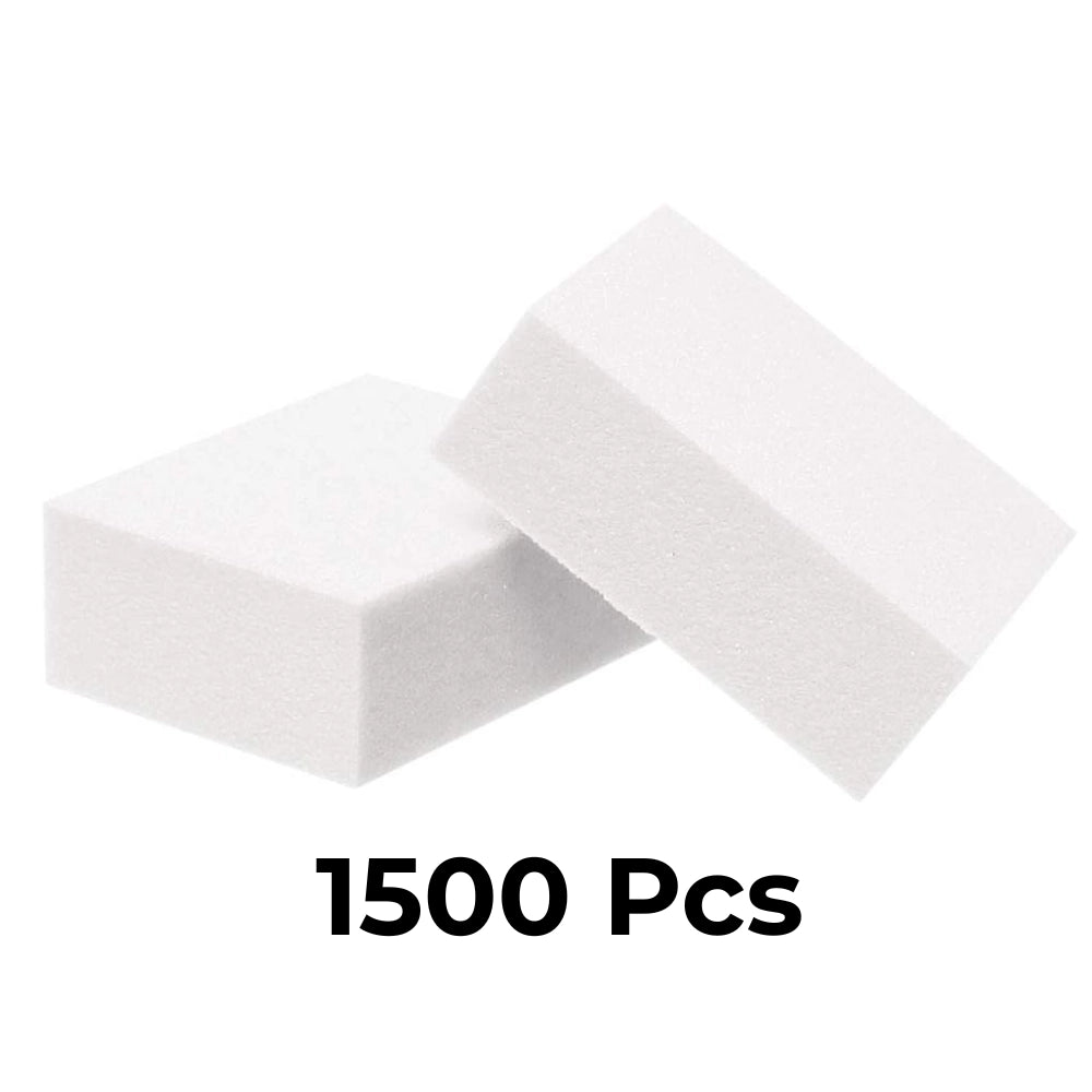 Mini nail buffer dual-grit white package displaying case of 1500 professional salon supplies.