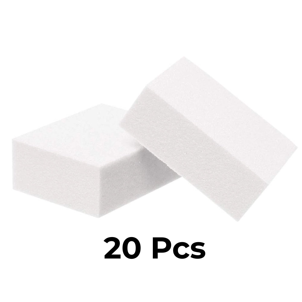 Mini nail buffer dual-grit white package displaying case of 20 professional salon supplies.