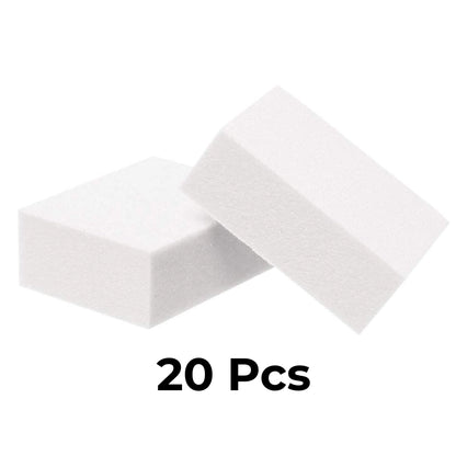 Mini nail buffer dual-grit white package displaying case of 20 professional salon supplies.