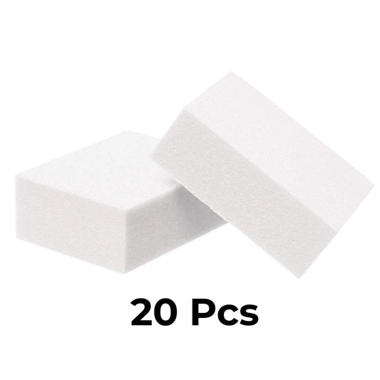 Mini nail buffer dual-grit white package displaying case of 20 professional salon supplies.